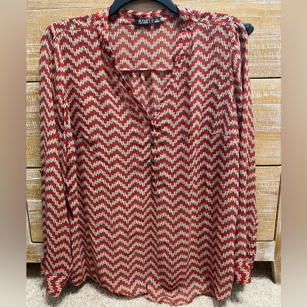 A.N.A Geometric Print V-Neck Sheer Blouse